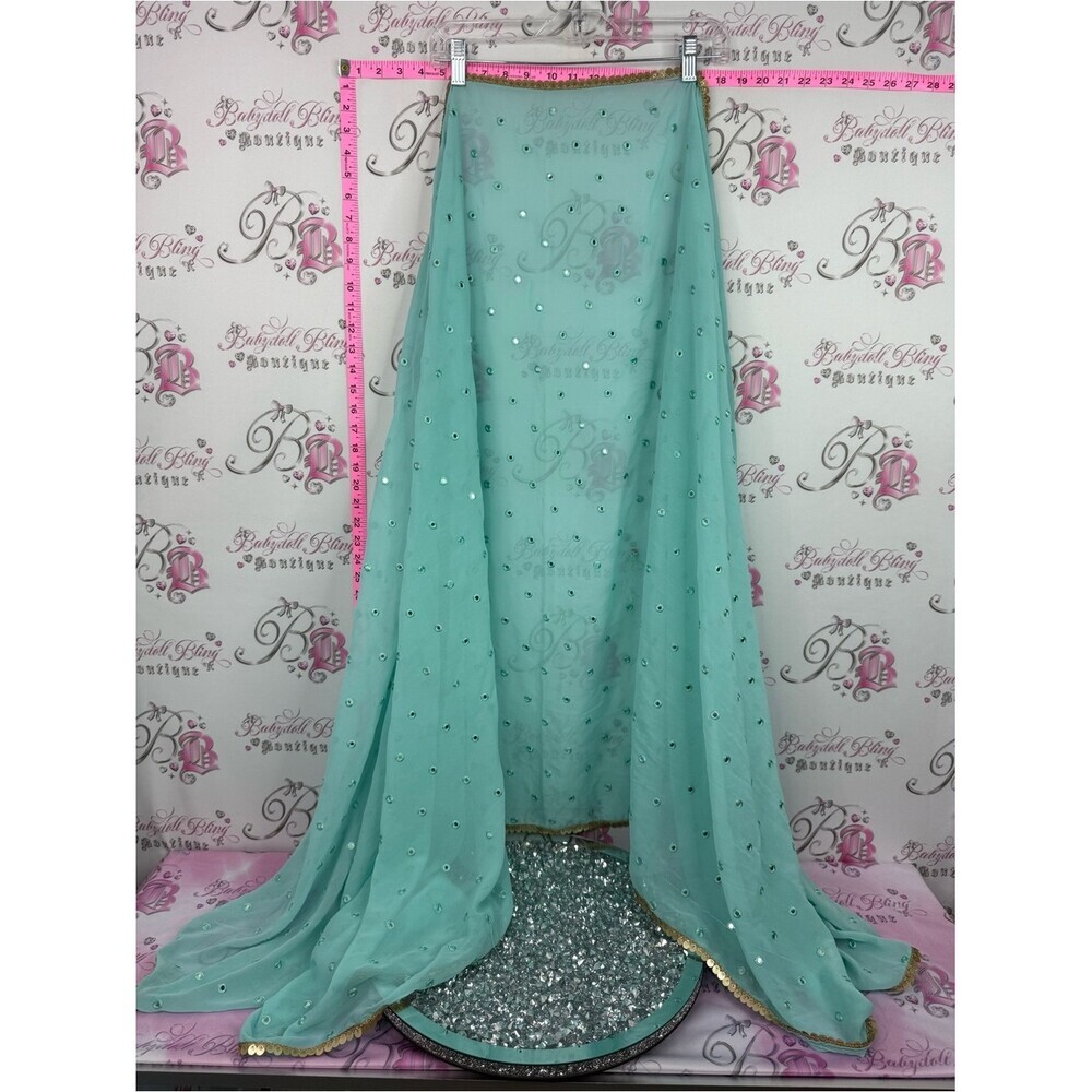 Scarf large size or table cloth Aqua Mint Beaded Chiffon Saree with Gold Trim